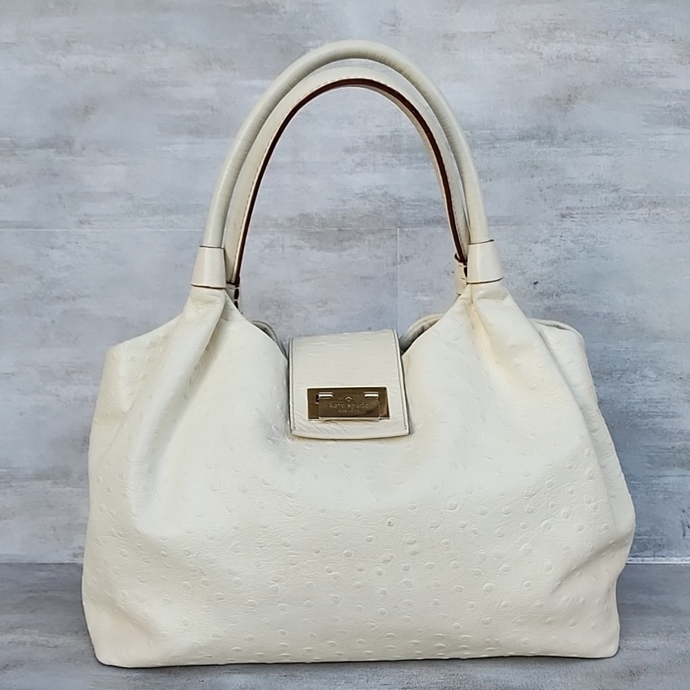KATE SPADE NY STEVIE WINDSOR SQUARE IVORY OSTRICH LEATHER  SATCHEL BAG